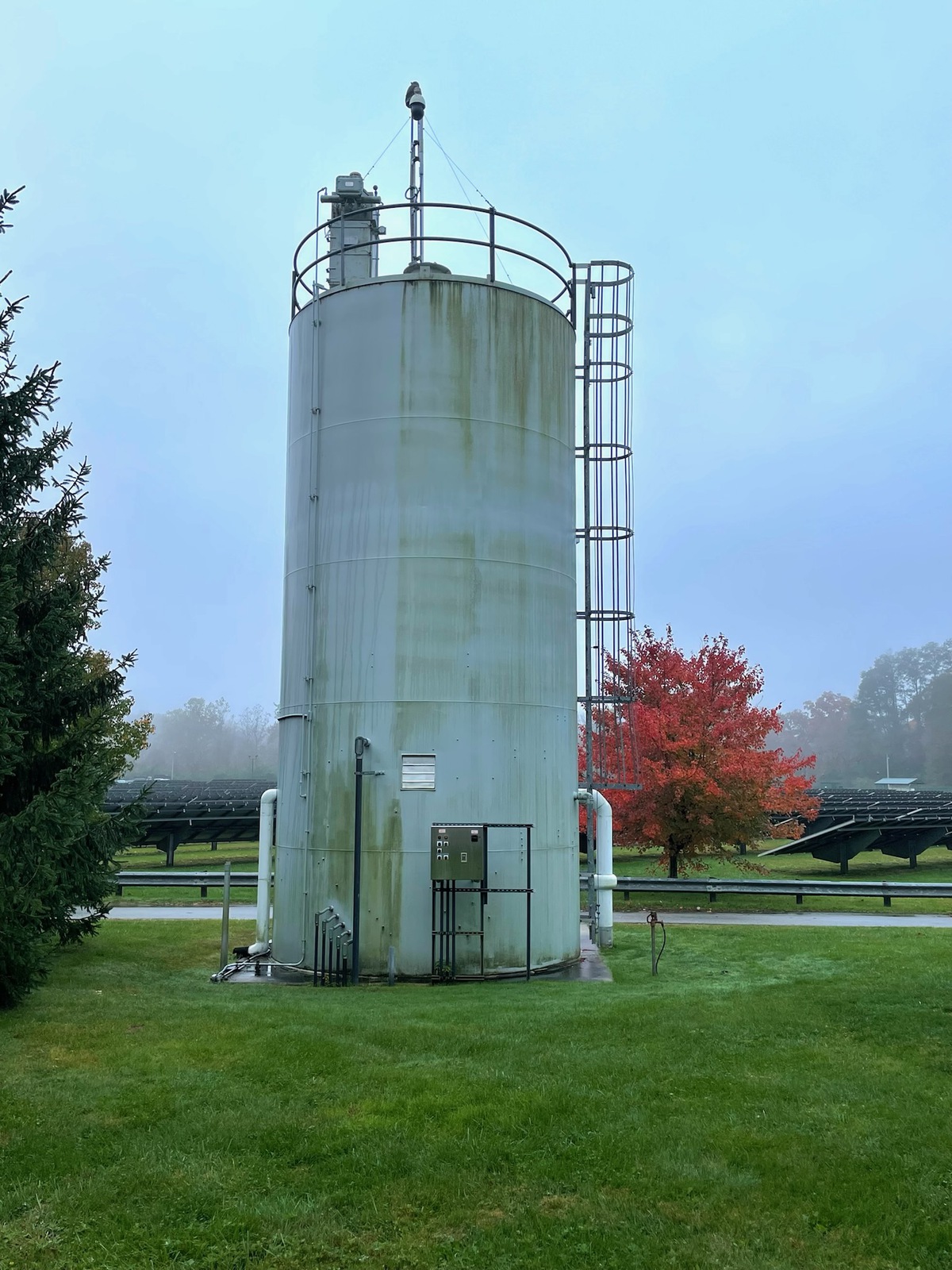 a large silo that is not cleaned, covered in organic moss and dirt